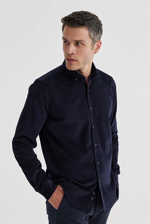 Lacivert Comfort Fit Düğmeli Yaka %100 Pamuklu Kadife Gömlek
