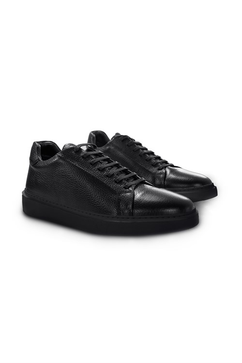 Siyah %100 Deri Bağcıklı Günlük Sneaker Ayakkabı