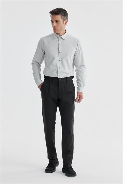 Siyah Comfort Fit Çift Pileli Beli Tokalı Pamuklu Kanvas Pantolon