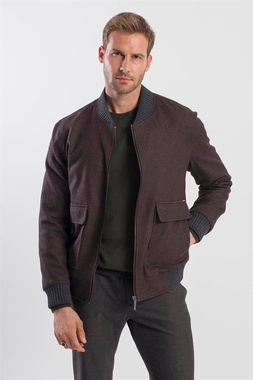 Kahve Comfort Fit Kolej Yaka Çizgili Mont