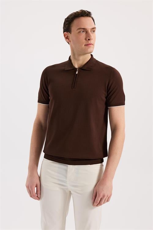 Kahve Dar Kalıp - Slim Fit T-Shirt Polo Yaka Fermuarlı