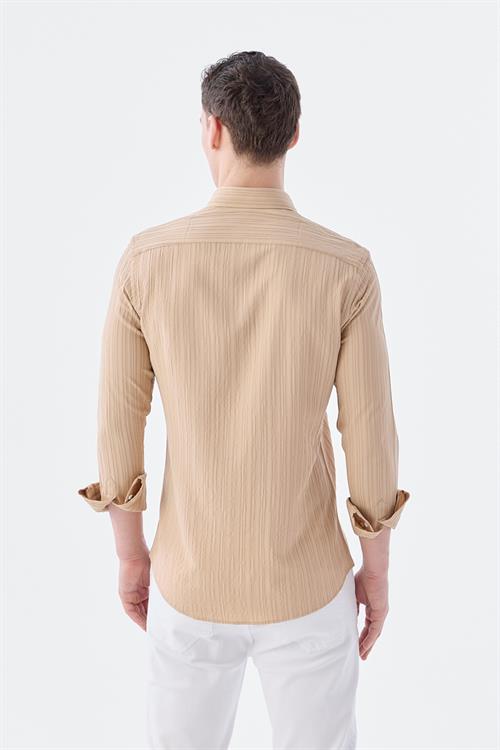 Dar Kalıp - Slim Fit Serili Gömlek-Jakamen  Yaka Alttan Düğmeli  Serili
