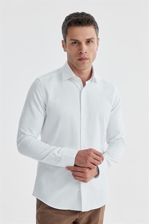 Beyaz Slim Fit  Desenli Klasik Kravatlık Pamuklu Gömlek