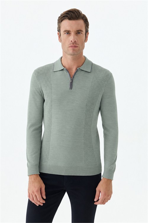 Yeşil Comfort Fit Merinos Yünlü Fermuarlı Polo Yaka Triko