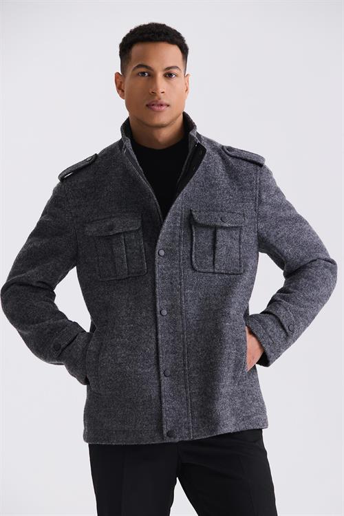 Antrasit Slim Fit Hakim Yaka Apoletli Desenli Spor Kaşe Kaban