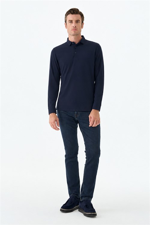 Lacivert Slim Fit Polo Yaka Sweatshirt