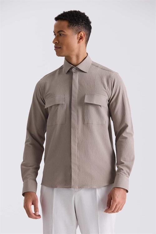 Haki Comfort Fit Desenli Spor Gömlek