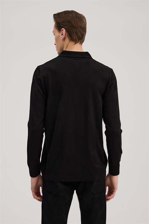 Siyah Comfort Fit Polo Yaka Yünlü Triko