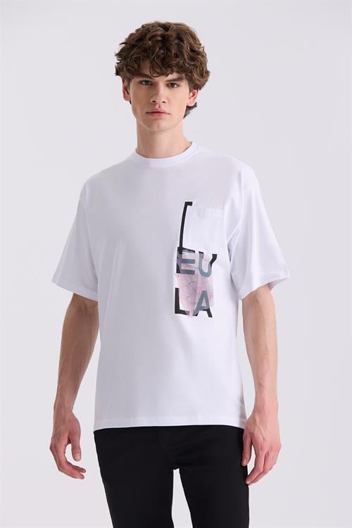 Beyaz Over Size Yazı Baskılı Bisiklet Yaka T-Shirt