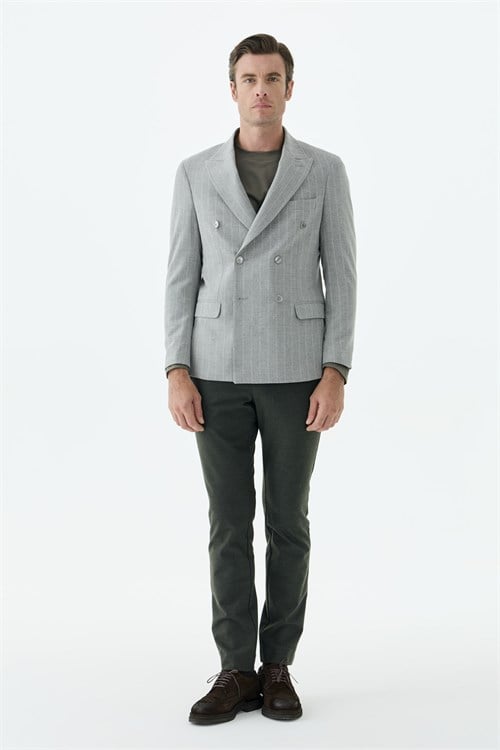 Gri Slim Fit Dik Yaka Kruvaze Ceket
