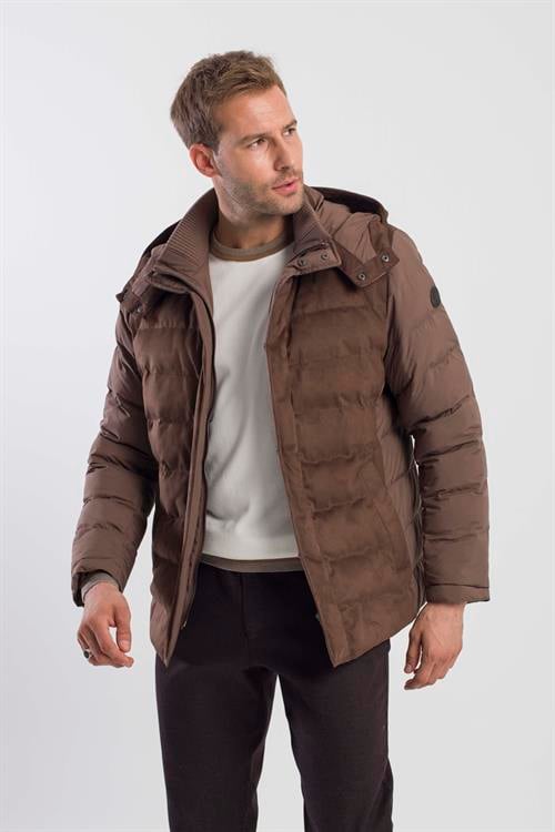 Kahve Comfort Fit Kapüşonlu Şişme Mont