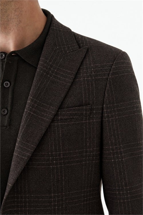 Kahve Slim Fit Ceket Sivri Yaka Ekoseli Ceket