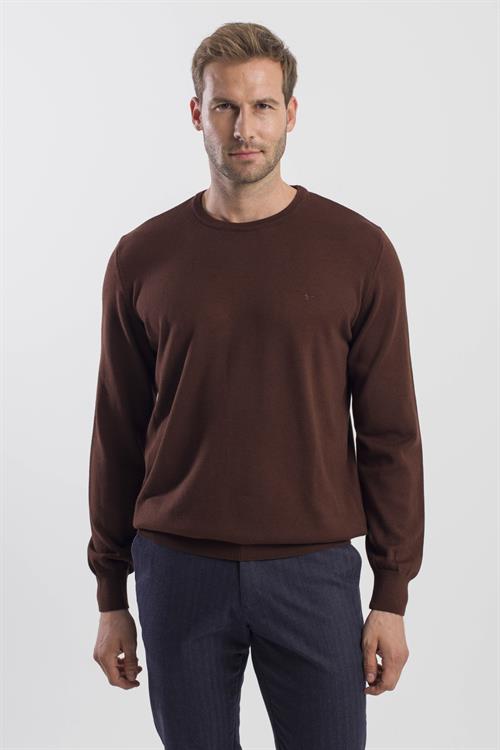 Kahve Slim Fit Bisiklet Yaka Triko Kazak