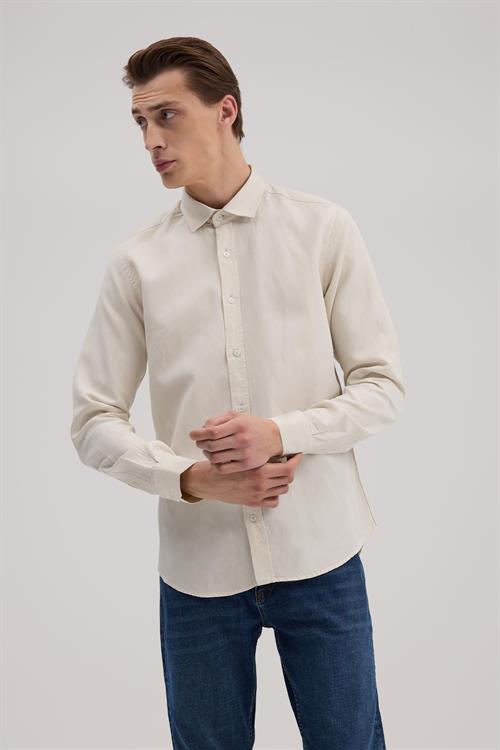 Krem Slim Fit Keten Karışımlı Spor Gömlek