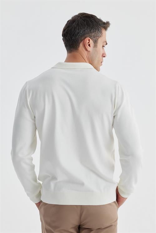 Ekru Slim Fit Yün Kaşmir Karışımlı Desenli Polo Yaka Triko