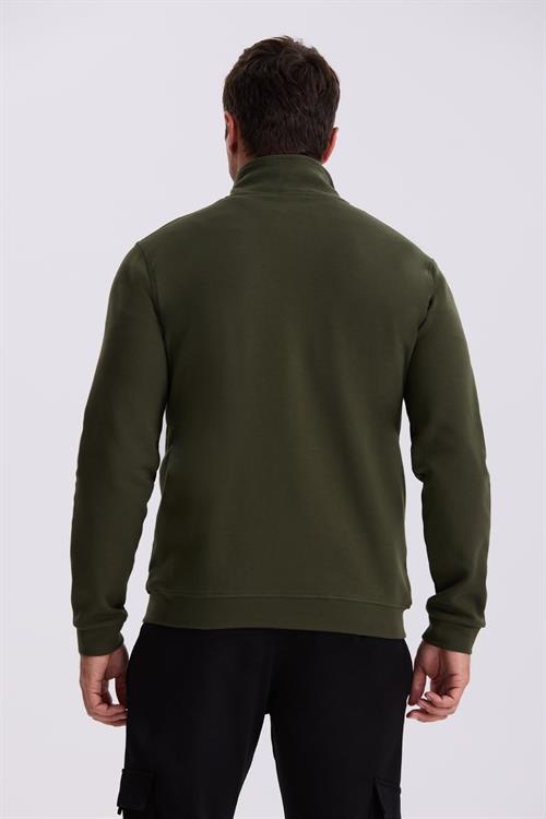 Haki Slim Fit Fermuarlı Pamuklu Likralı Eşofman Üstü