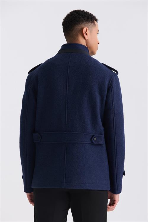 Lacivert Slim Fit Hakim Yaka Apoletli Desenli Spor Kaşe Kaban