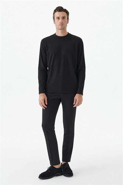 Siyah Comfort Fit Rayon Karışımlı Bisiklet Yaka Sweatshirt