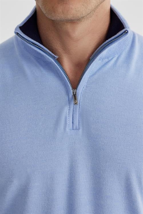 Mavi Slim Fit Fermuarlı Dik Yaka Triko Kazak