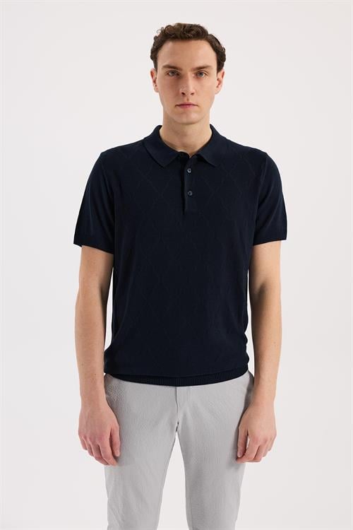 Lacivert Dar Kalıp - Slim Fit T-Shirt Polo Düğmeli