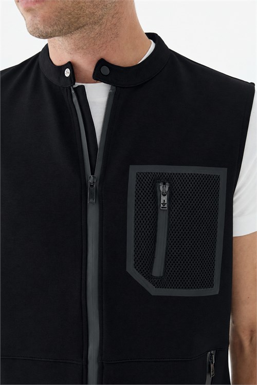 Siyah Slim Fit Cepli Pamuklu Yelek