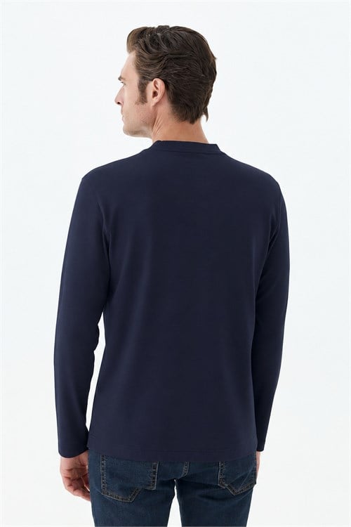 Lacivert Comfort Fit Rayon Karışımlı Bisiklet Yaka Sweatshirt