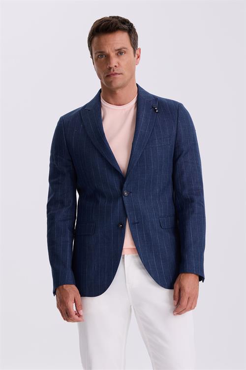 Lacivert Slim Fit Kırlangıç Yaka Çizgili Keten Pamuk Mevsimlik Ceket