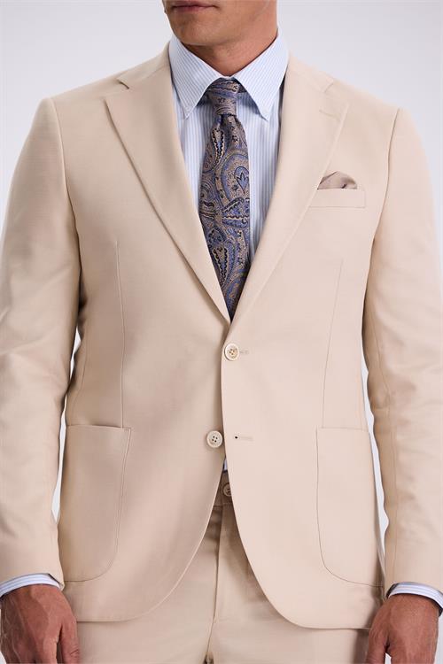 Bej Slim Fit Mono Yaka Tensel Kumaş Çift Yırtmaç Torba Cepli Takım Elbise