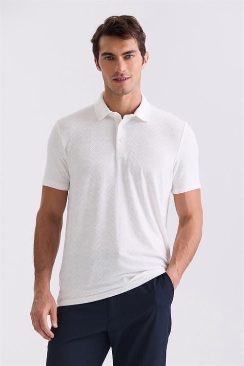 Ekru Slim Fit Desenli Polo Yaka T-shirt