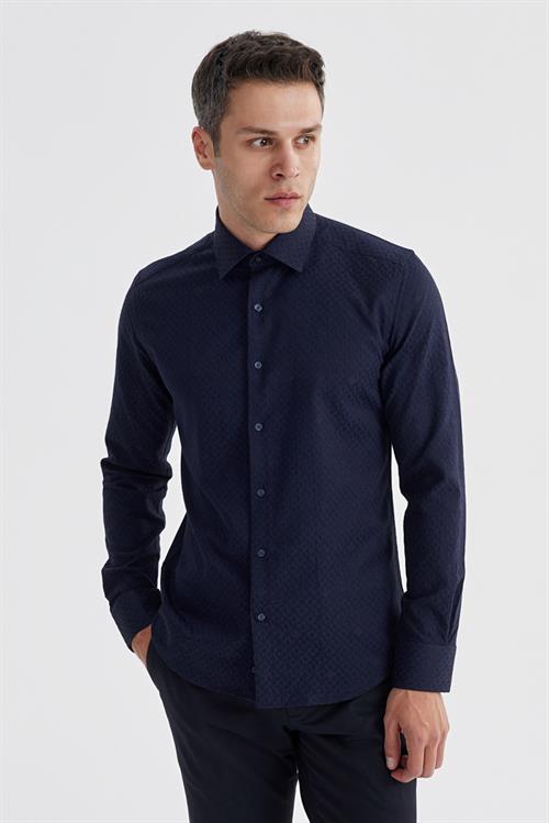 Lacivert Slim Fit Desenli Klasik Kravatlık Pamuklu Gömlek