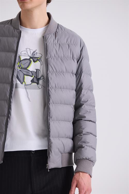 Gri Slim Fit Gömlek Yaka Mont