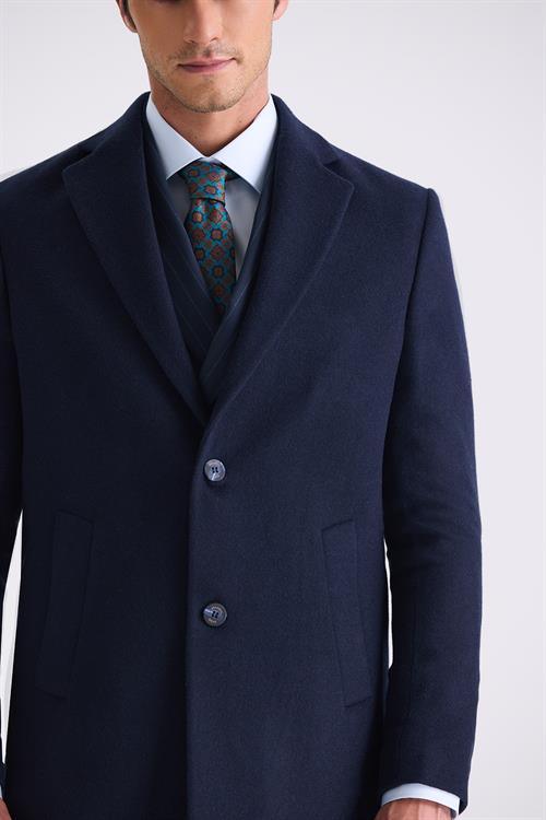 Lacivert Comfort Fit Mono Yaka Yan Cep Kaşe Kaban