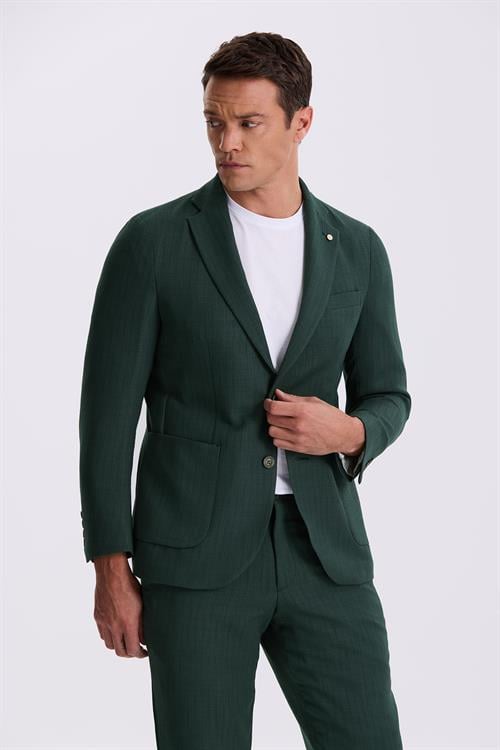 Haki Slim Fit Mono Yaka Çift Yırtmaç Desenli Torba Cepli Takım Elbise