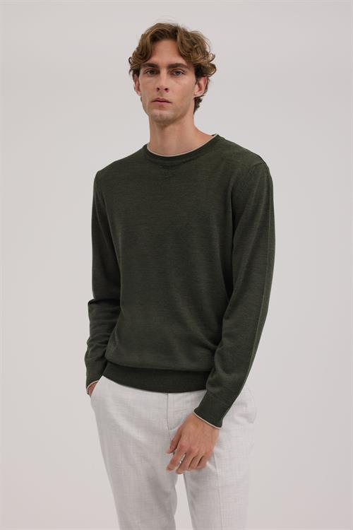 Zümrüt Yeşil Slim Fit Bisiklet Yaka V Tiftikli Yünlü Triko Kazak