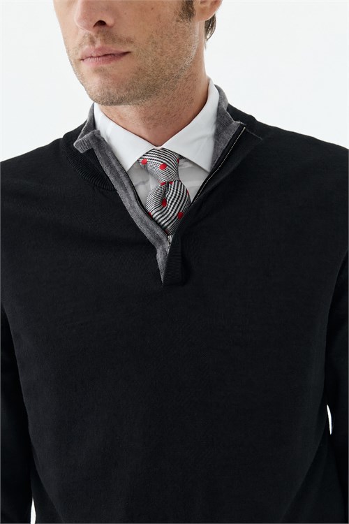 Siyah Slim Fit Yünlü Fermuarlı Triko