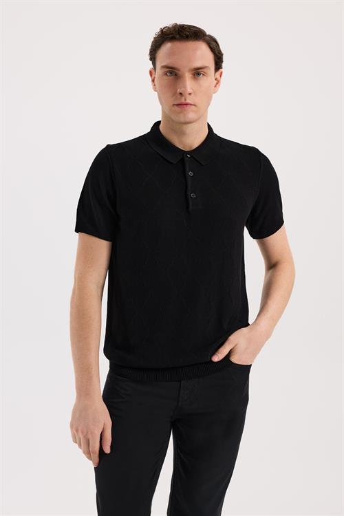 Siyah Dar Kalıp - Slim Fit T-Shirt Polo Düğmeli