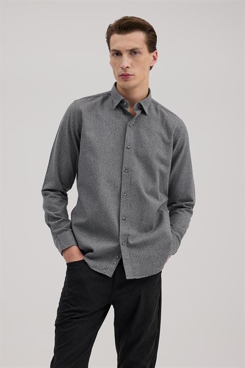 Antrasit Comfort Fit Desenli Pamuklu Düğmeli Yaka Gömlek