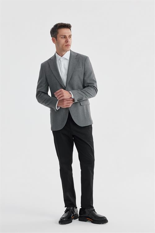 Gri Slim Fit Ekose Kareli Çift Yırtmaçlı Ceket