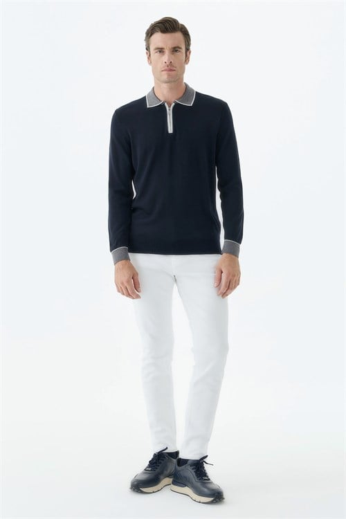 Lacivert Slim Fit Polo Yaka Fermuarlı Triko Kazak