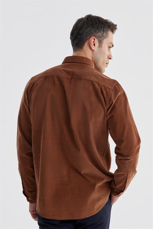 Taba Comfort Fit Düğmeli Yaka %100 Pamuklu Kadife Gömlek