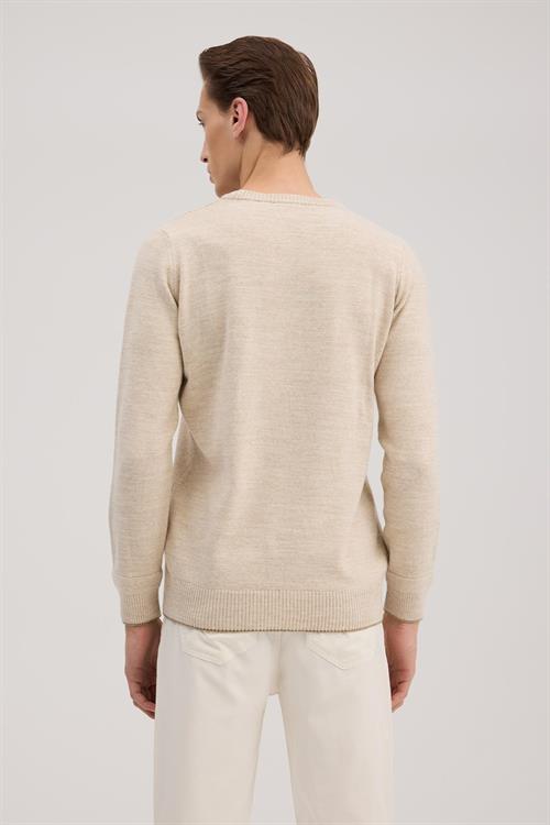 Bej Slim Fit Bisiklet Yaka Triko