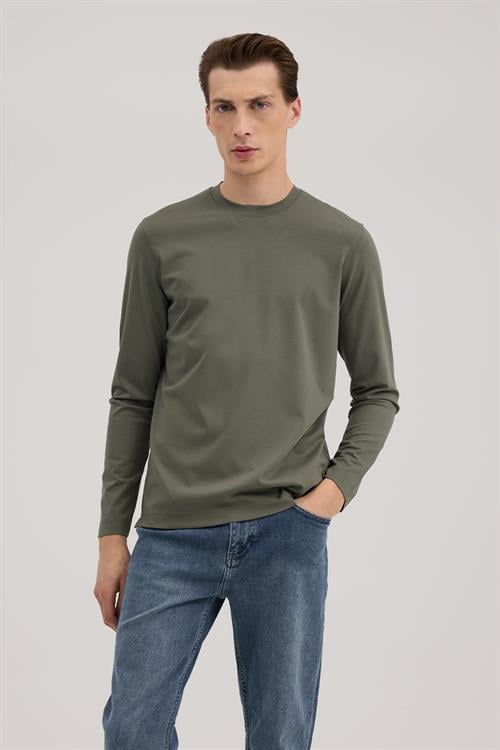 Haki Slim Fit Bisiklet Yaka Rayon Uzun Kollu Basic T-Shirt