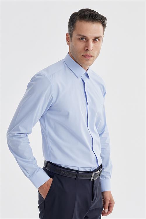 Mavi Slim Fit İtalyan Yaka Klasik Kravatlık Pamuklu Gömlek