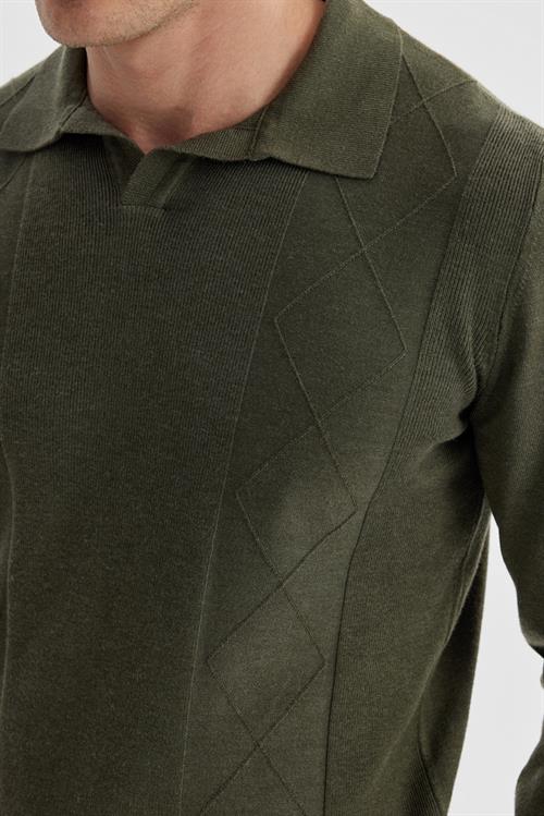Haki Slim Fit Yün Kaşmir Karışımlı Desenli Polo Yaka Triko