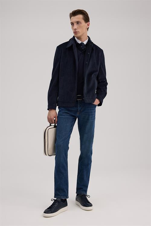 Lacivert Comfort Fit Hakim Yaka Kadife Mont