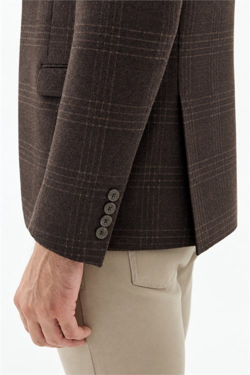 Kahve Slim Fit Ceket Sivri Yaka Ekoseli Ceket
