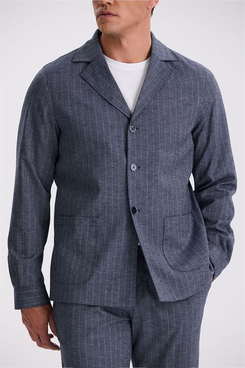 Lacivert Slim Fit Apaş Yaka Keten Karışımlı Çift Yırtmaçlı Çizgili Takım Elbise