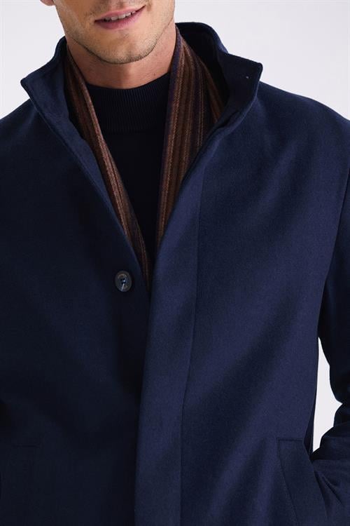 Lacivert Slim Fit Dik Yaka Balık Sırtı Desenli Yünlü Spor Kaban