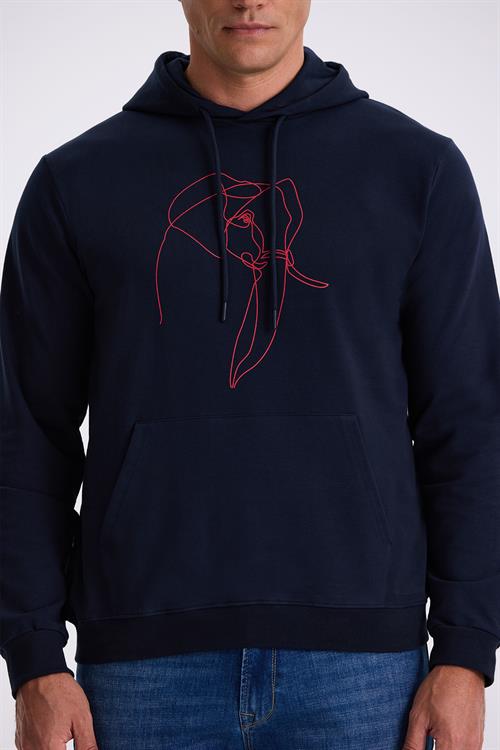 Lacivert Slim Fit Kapüşonlu Baskılı %100 Pamuk Sweatshirt