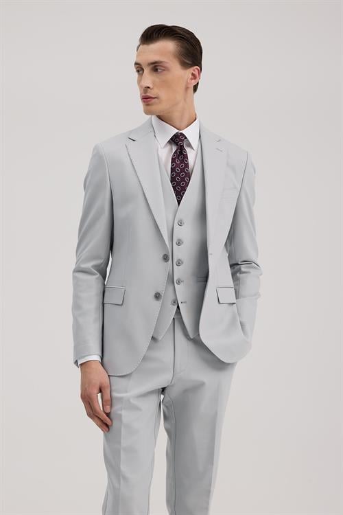 Gri Slim Fit Mono Yaka Çift Yırtmaçlı Yelekli Takım Elbise